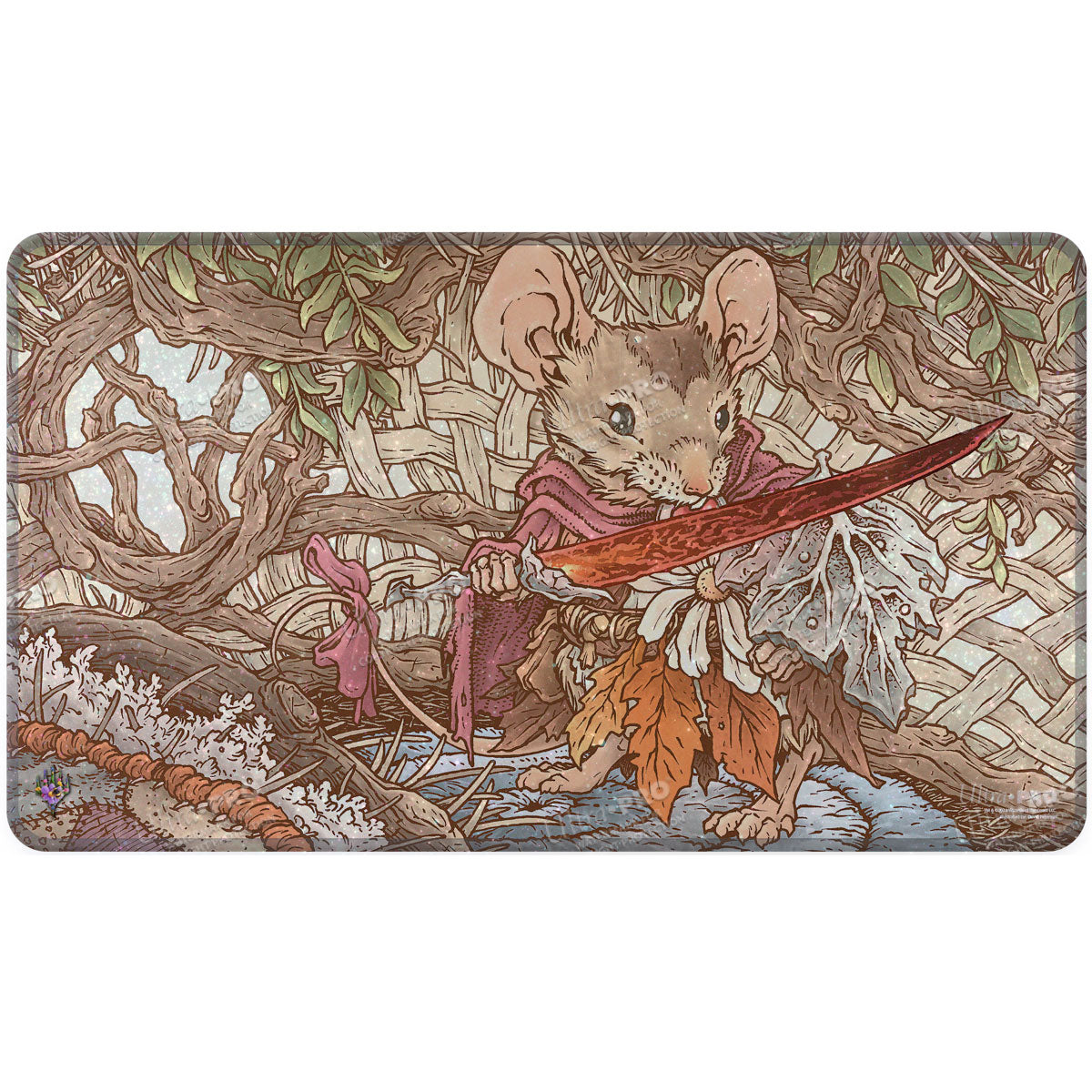 A colorful gaming playmat featuring Mabel, Heir to Cragflame from Magic: The Gathering. Brand: Ultra PRO, Item: Bloomburrow Mabel, Heir to Cragflame HOLOFOIL® Standard Gaming Playmat