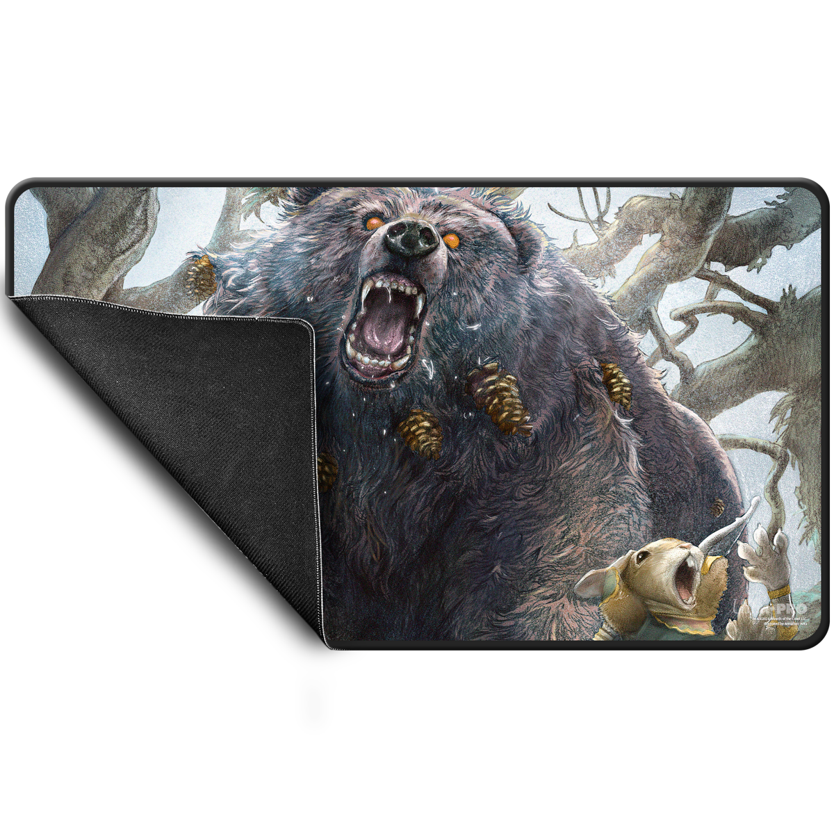A black stitched standard gaming playmat featuring Lumra, Bellow of the Woods from Magic: The Gathering, with a bear roaring at a rabbit.