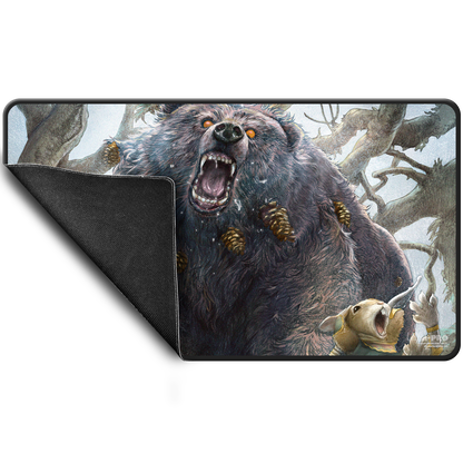 A black stitched standard gaming playmat featuring Lumra, Bellow of the Woods from Magic: The Gathering, with a bear roaring at a rabbit.