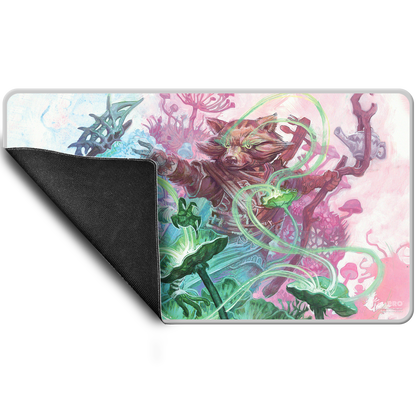 A colorful gaming playmat featuring a raccoon-like creature casting a spell in a magical forest. Brand: Ultra PRO, Item: Bloomburrow Sylvan Tutor Stitched Edge Standard Gaming Playmat.