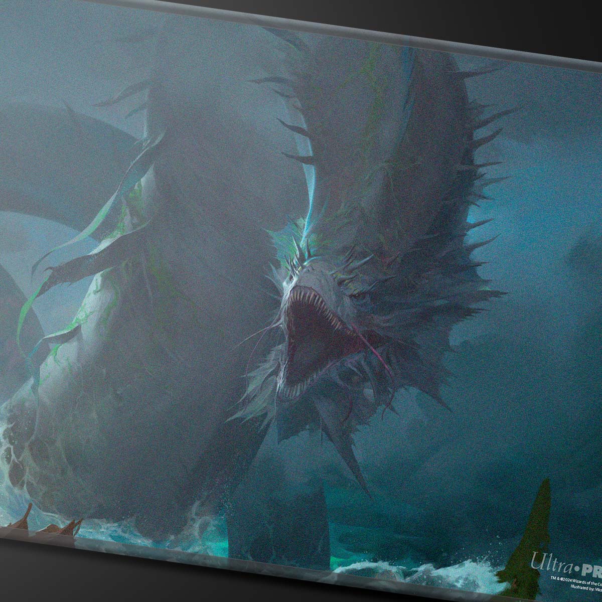 A blue and green Aesi Stitched Edge Standard Gaming Playmat for Magic: The Gathering, featuring a sea serpent emerging from misty waters. Brand: Ultra Pro.