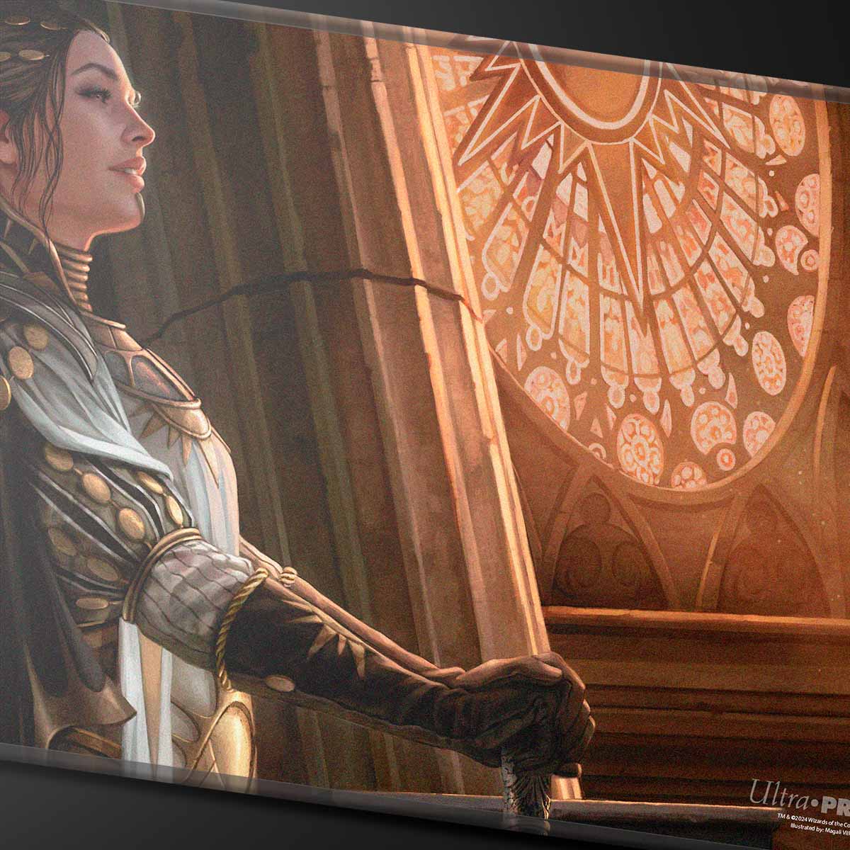 A detailed illustration of a woman in ornate armor standing by a stained-glass window. Brand: Ultra Pro, Item: Commander Series #3: Enemy - Teysa Stitched Edge Standard Gaming Playmat.