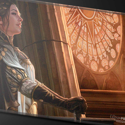 A detailed illustration of a woman in ornate armor standing by a stained-glass window. Brand: Ultra Pro, Item: Commander Series #3: Enemy - Teysa Stitched Edge Standard Gaming Playmat.
