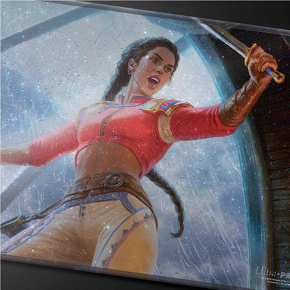 A red and tan Standard Gaming Playmat featuring the Magic: The Gathering character Sisay in action, holding a sword. Brand: Ultra PRO, Item: Commander Series #3: Enemy- Sisay HOLOFOIL® Standard Gaming Playmat for Magic: The Gathering