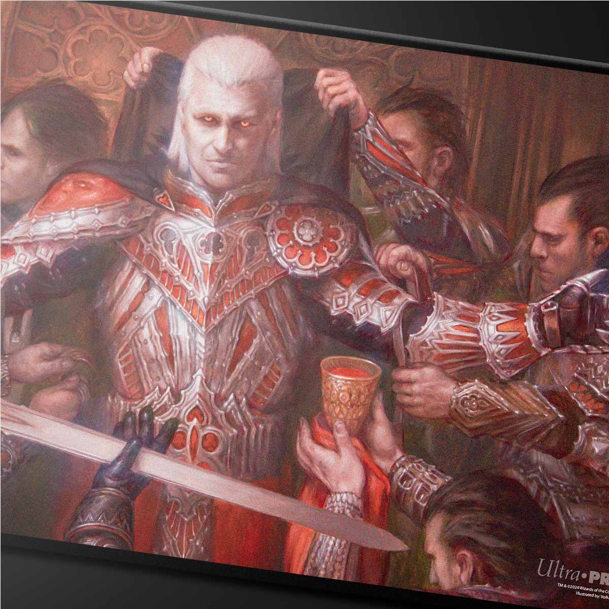 A black stitched standard gaming playmat featuring Edgar from Magic: The Gathering's Commander Series #3: Enemy.