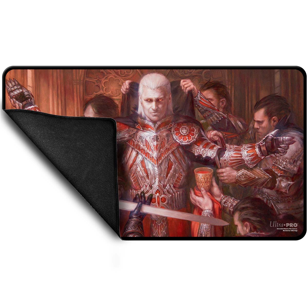 A black stitched standard gaming playmat featuring Edgar from Magic: The Gathering, illustrated by Volkan Baga. Brand: Ultra Pro.