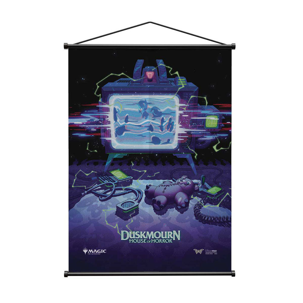 A black wall scroll featuring the Duskmourn: House of Horror Prerelease Key Art for Magic: The Gathering.