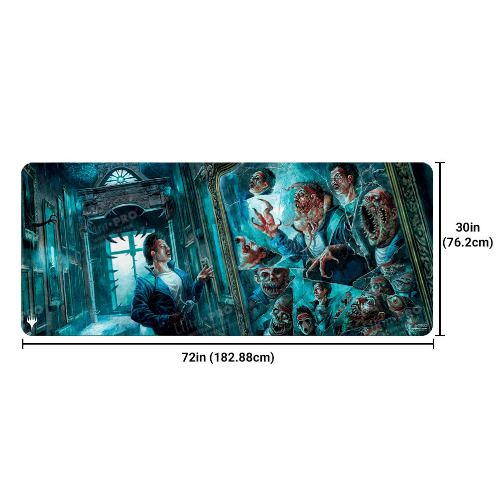 A horror-themed 6ft table playmat for Magic: The Gathering, featuring a man looking into a fractured mirror reflecting monstrous zombie-like figures. Brand: Ultra PRO, Item: Duskmourn MirrorMirror Room / Fractured Realm 6ft Table Playmat.