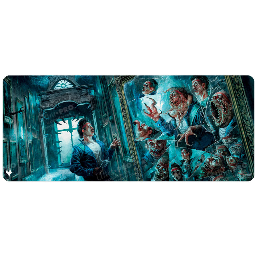 A rectangular playmat featuring the Duskmourn Mirror artwork from Magic: The Gathering, showing a person looking into a fractured mirror reflecting monstrous figures. Brand: Ultra-Pro, Item: Duskmourn MirrorMirror Room / Fractured Realm 6ft Table Playmat.