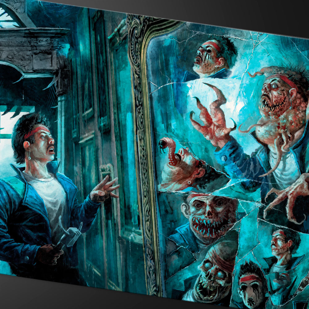 A blue and teal Duskmourn MirrorMirror Room / Fractured Realm 6ft Table Playmat. Brand: Ultra PRO, Item: Duskmourn MirrorMirror Room / Fractured Realm 6ft Table Playmat for Magic: The Gathering.