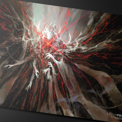 A dark and chaotic playmat featuring the creature Valgavoth, Harrower of Souls from Magic: The Gathering. Brand: Ultra-Pro, Item: Duskmourn Valgavoth, Harrower of Souls (Commander) Standard Gaming Playmat.