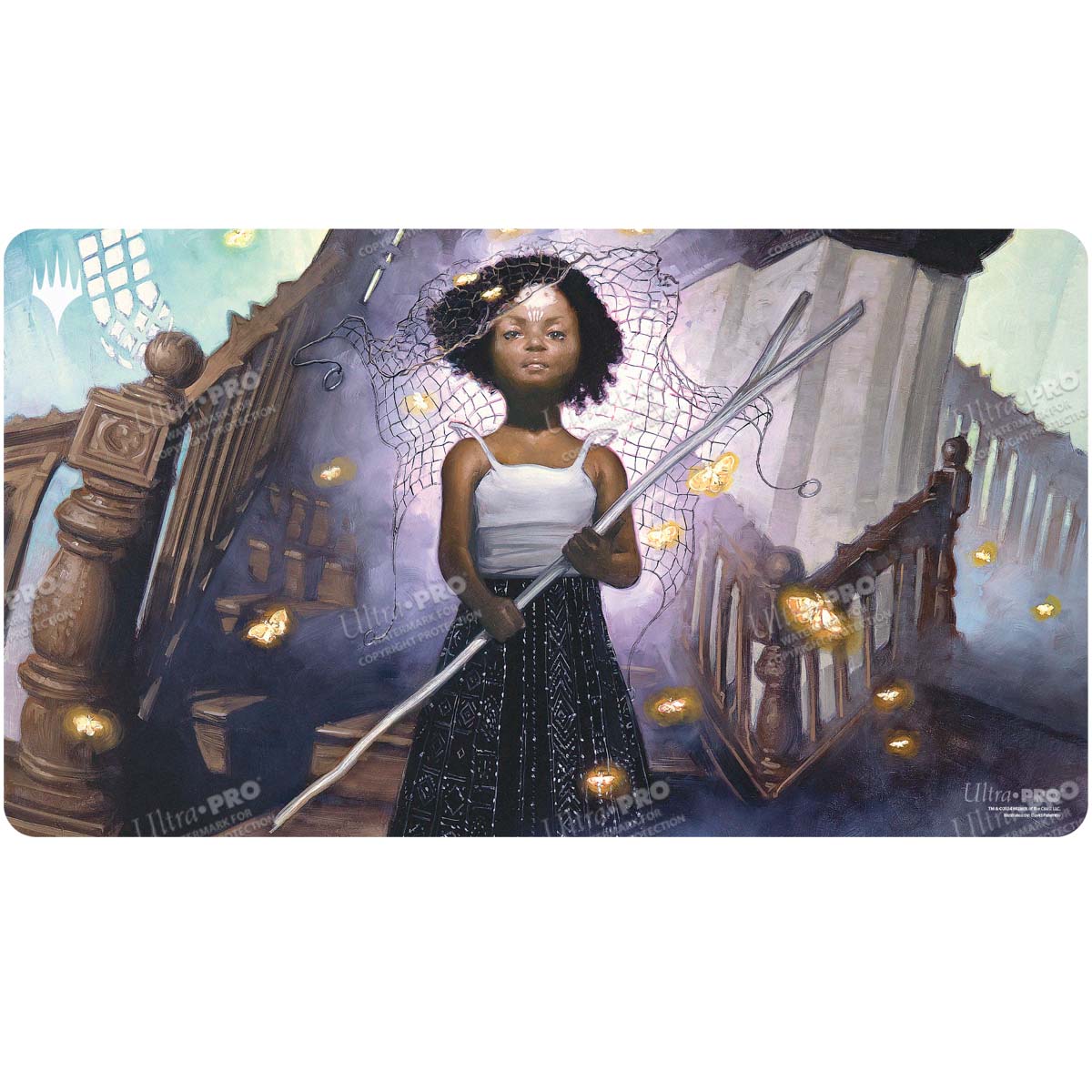 A Standard Gaming Playmat featuring Aminatou, Veil Piercer from Duskmourn. Brand: Ultra PRO, Item: Duskmourn Aminatou, Veil Piercer (Commander) Standard Gaming Playmat for Magic: The Gathering.