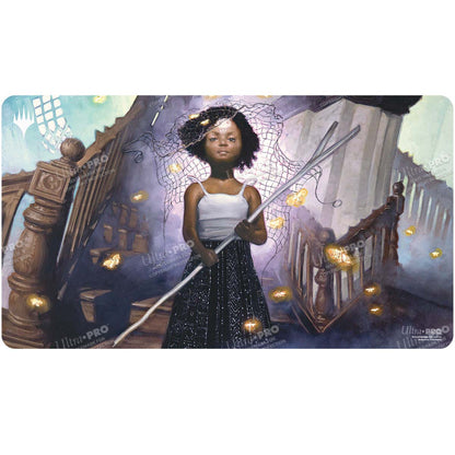 A Standard Gaming Playmat featuring Aminatou, Veil Piercer from Duskmourn. Brand: Ultra PRO, Item: Duskmourn Aminatou, Veil Piercer (Commander) Standard Gaming Playmat for Magic: The Gathering.
