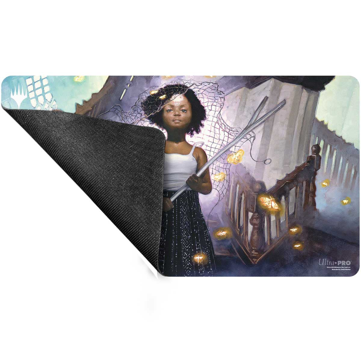 A Magic: The Gathering Standard Gaming Playmat featuring Aminatou, Veil Piercer from Duskmourn, with a young girl catching glowing moths. Brand: Ultra-Pro.