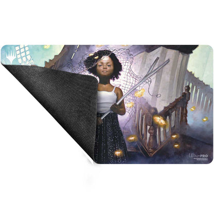 A Magic: The Gathering Standard Gaming Playmat featuring Aminatou, Veil Piercer from Duskmourn, with a young girl catching glowing moths. Brand: Ultra-Pro.