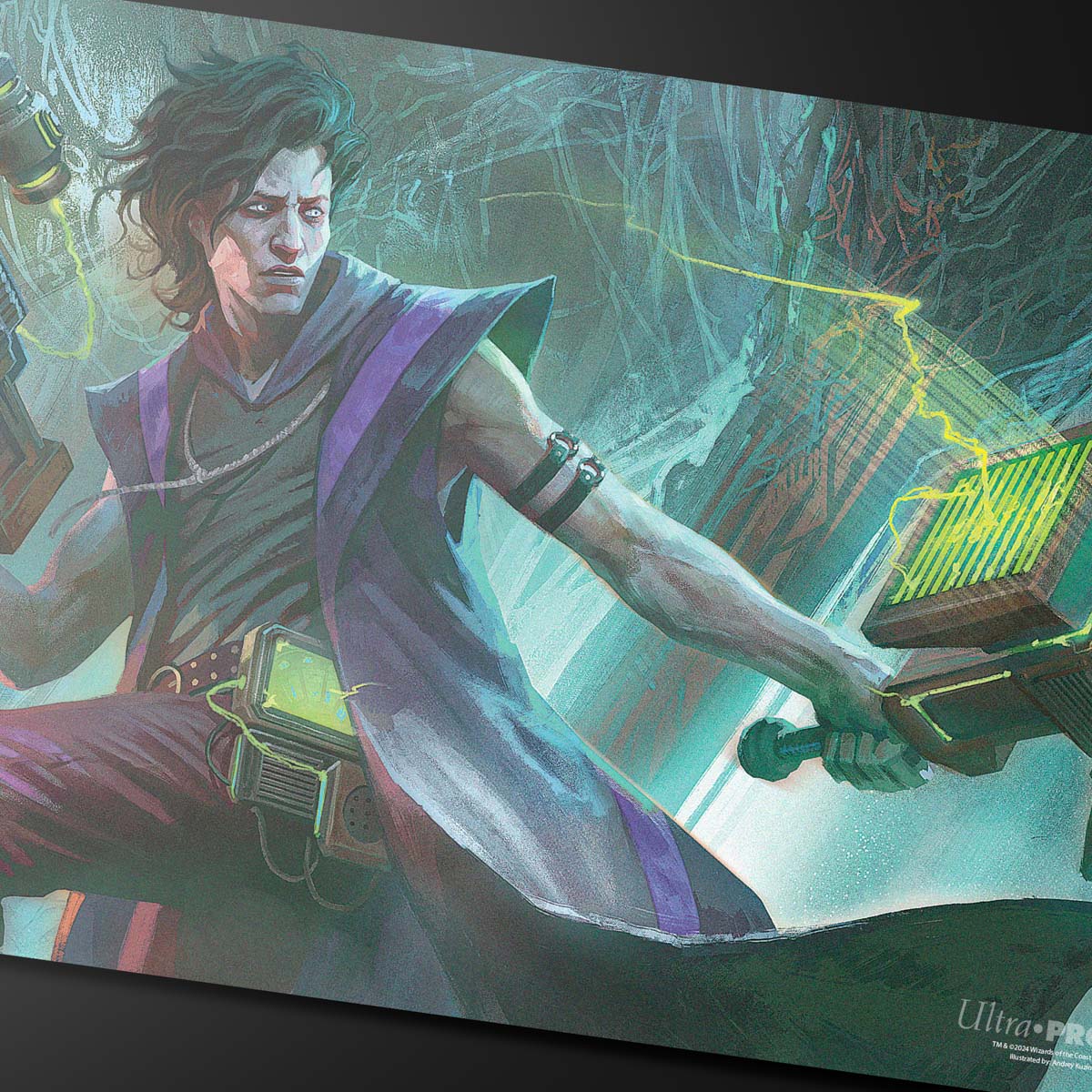 A fantasy art Standard Gaming Playmat featuring Duskmourn Winter, Cynical Opportunist from Magic: The Gathering.