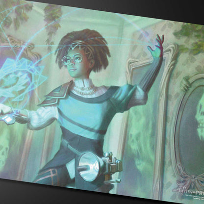 A blue and teal gaming playmat featuring Zimone, Mystery Unraveler from Magic: The Gathering. Brand: Ultra Pro, Item: Duskmourn Zimone, Mystery Unraveler (Commander) Standard Gaming Playmat.
