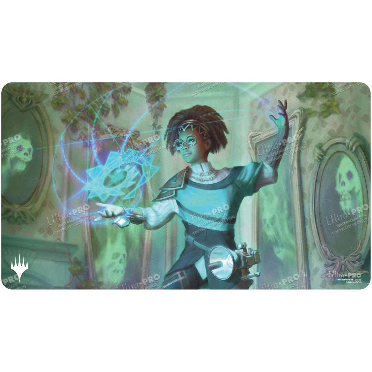 A green and blue Standard Gaming Playmat featuring Zimone, Mystery Unraveler from Magic: The Gathering. Brand: Ultra PRO, Item: Duskmourn Zimone, Mystery Unraveler (Commander) Standard Gaming Playmat.