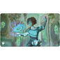 A green and blue Standard Gaming Playmat featuring Zimone, Mystery Unraveler from Magic: The Gathering. Brand: Ultra PRO, Item: Duskmourn Zimone, Mystery Unraveler (Commander) Standard Gaming Playmat.