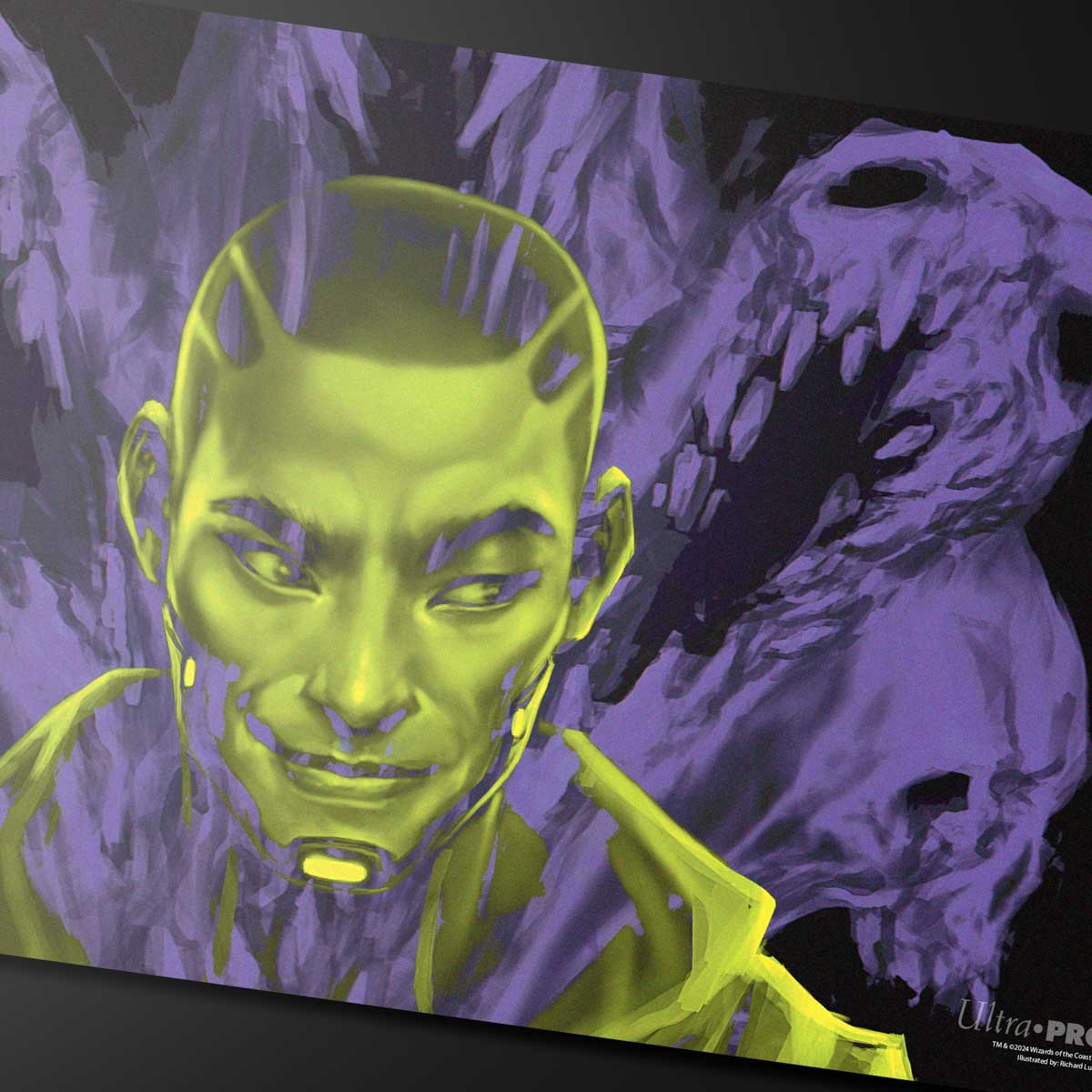 A yellow and purple illustrated Standard Gaming Playmat featuring Kaito, Bane of Nightmares from Magic: The Gathering.