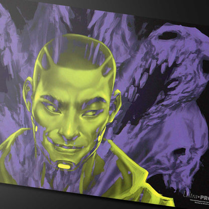 A yellow and purple illustrated Standard Gaming Playmat featuring Kaito, Bane of Nightmares from Magic: The Gathering.
