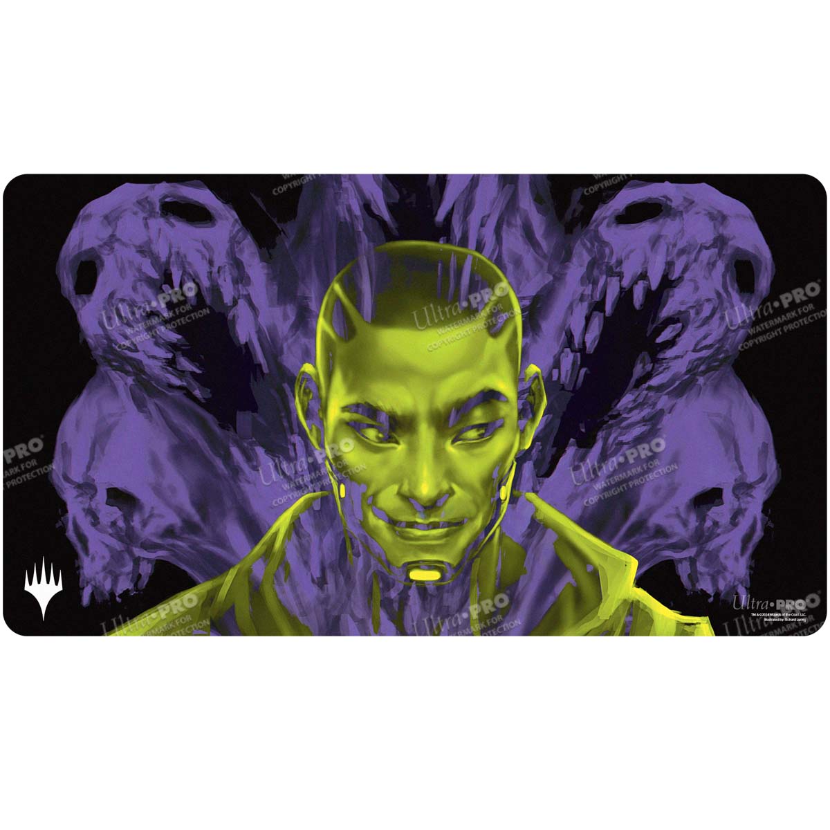 A purple and yellow gaming playmat featuring Kaito, Bane of Nightmares from Magic: The Gathering. Brand: Ultra PRO, Item: Duskmourn Kaito, Bane of Nightmares (Double Exposure Alt) Standard Gaming Playmat.