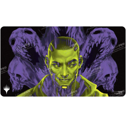 A purple and yellow gaming playmat featuring Kaito, Bane of Nightmares from Magic: The Gathering. Brand: Ultra PRO, Item: Duskmourn Kaito, Bane of Nightmares (Double Exposure Alt) Standard Gaming Playmat.