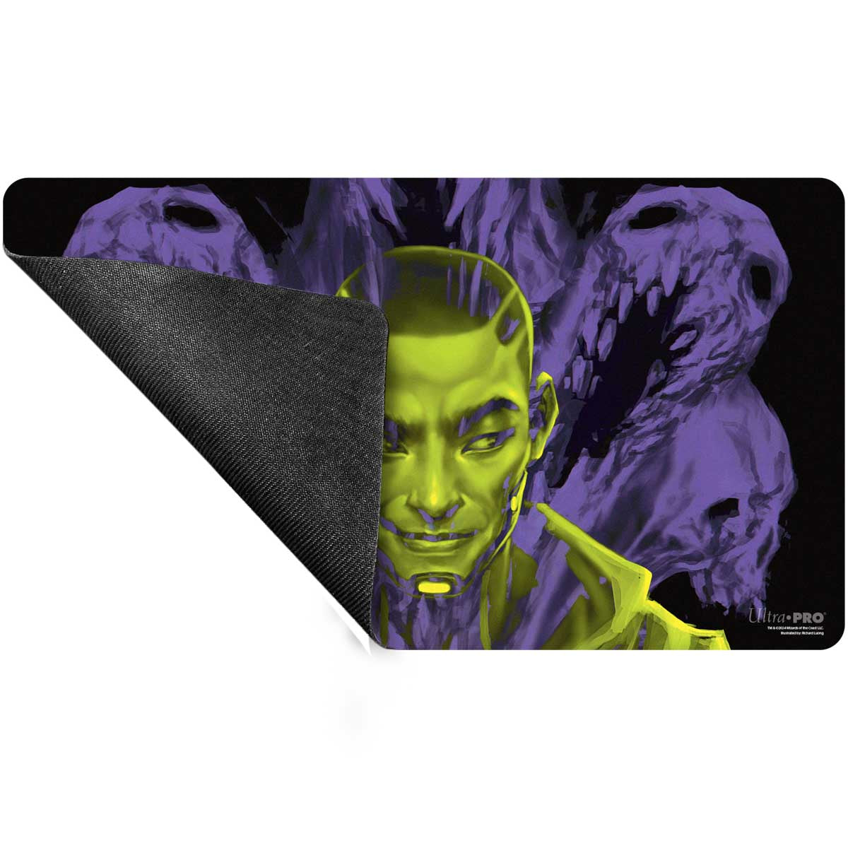 A green and purple gaming playmat featuring Kaito, Bane of Nightmares from Magic: The Gathering. Brand: Ultra-Pro, Item: Duskmourn Kaito, Bane of Nightmares (Double Exposure Alt) Standard Gaming Playmat.