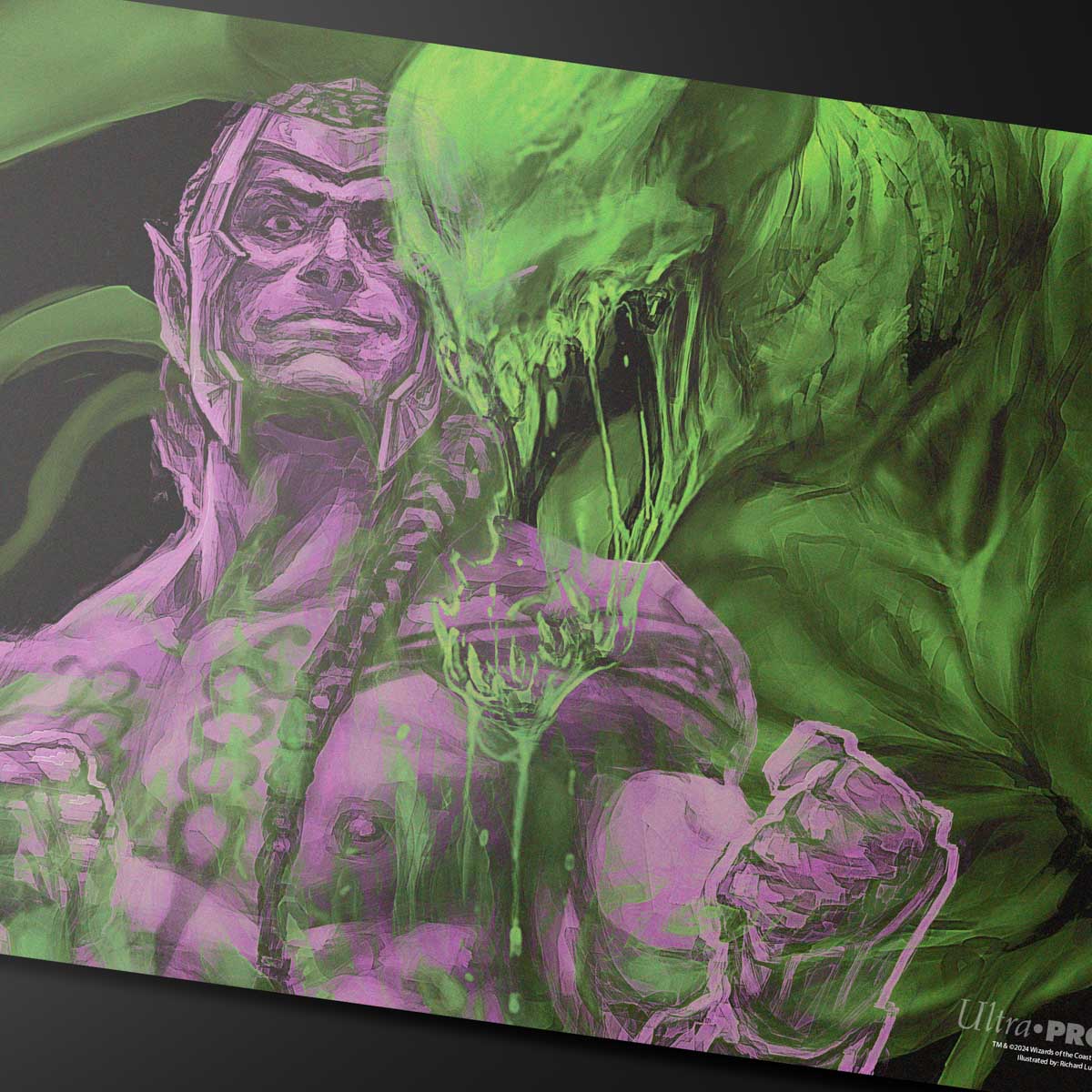 A purple and green artistic playmat featuring Tyvar, the Pummeler from Magic: The Gathering. Brand: Ultra Pro, Item: Duskmourn Tyvar, the Pummeler (Double Exposure Alt) Standard Gaming Playmat.