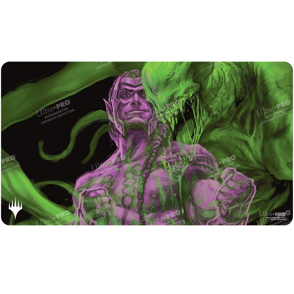 A purple and green Magic: The Gathering playmat featuring Tyvar, the Pummeler from Duskmourn (Double Exposure Alt). Brand: Ultra PRO, Item: Duskmourn Tyvar, the Pummeler (Double Exposure Alt) Standard Gaming Playmat.