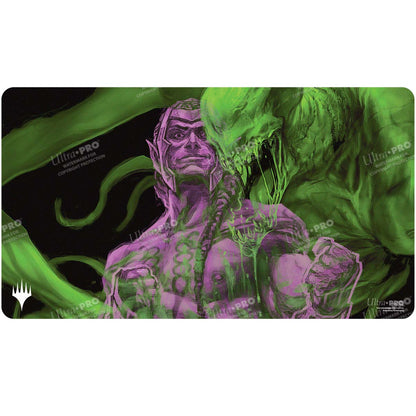 A purple and green Magic: The Gathering playmat featuring Tyvar, the Pummeler from Duskmourn (Double Exposure Alt). Brand: Ultra PRO, Item: Duskmourn Tyvar, the Pummeler (Double Exposure Alt) Standard Gaming Playmat.