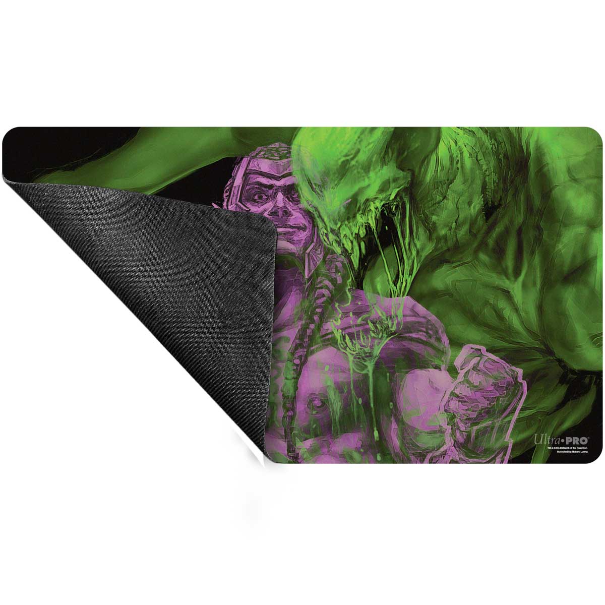 A green and purple gaming playmat featuring Tyvar, the Pummeler from Magic: The Gathering. Brand: Ultra-Pro.