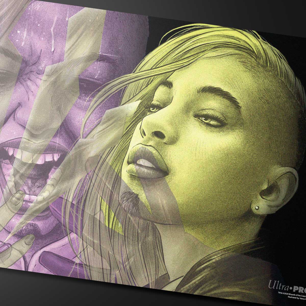 A stylized playmat featuring a double exposure of Niko, Light of Hope from Magic: The Gathering. Brand: Ultra Pro, Item: Duskmourn Niko, Light of Hope (Double Exposure Alt) Playmat Standard Gaming for Magic: The Gathering.