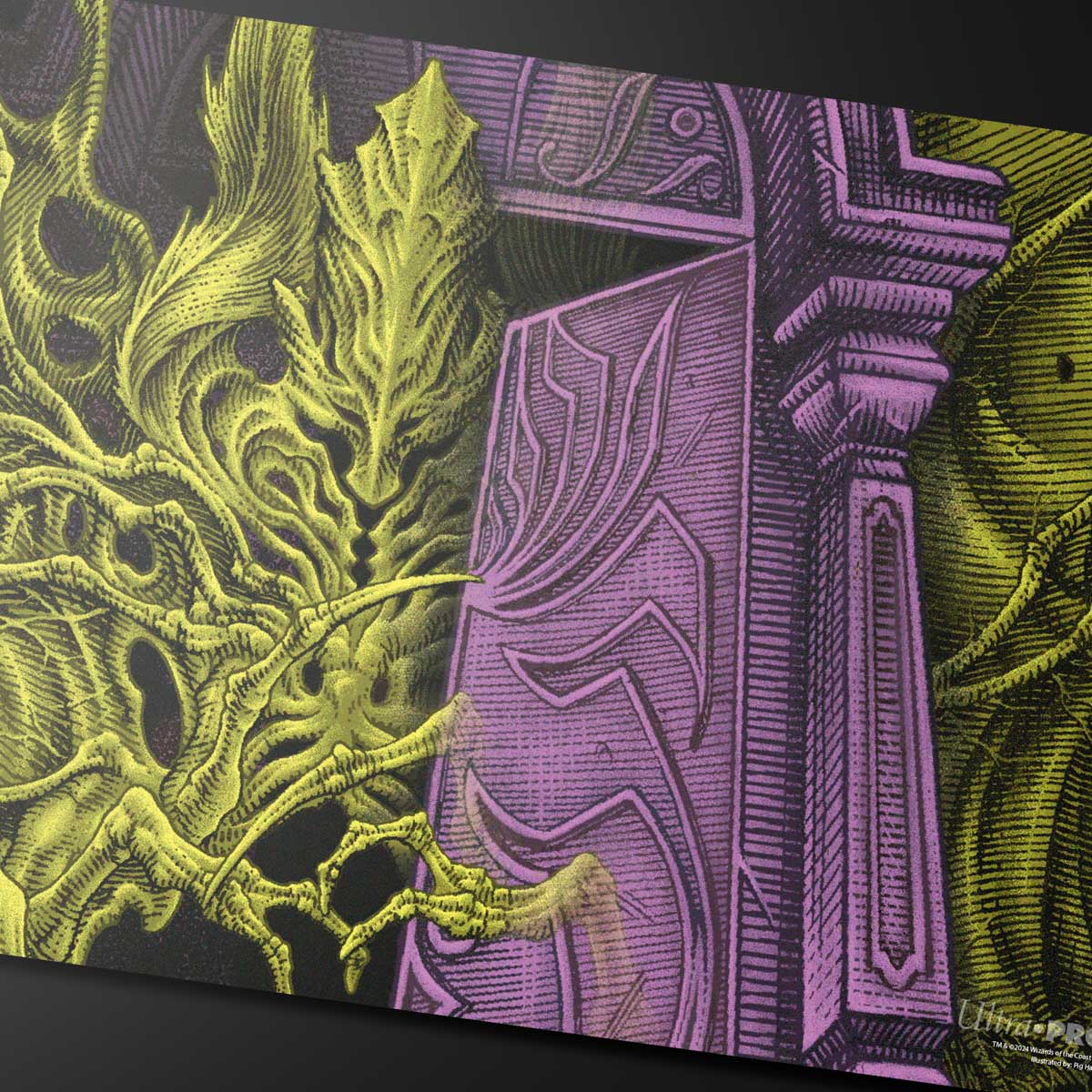 A vibrant, stylized gaming playmat featuring the Duskmourn Valgavoth, Terror Eater (Double Exposure Alt) artwork for Magic: The Gathering. Brand: Ultra-Pro, Item: Duskmourn Valgavoth, Terror Eater (Double Exposure Alt) Standard Gaming Playmat.