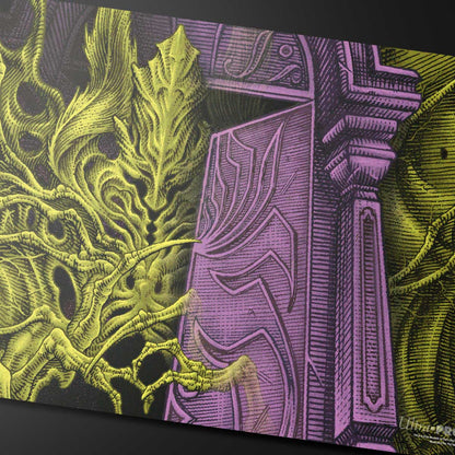 A vibrant, stylized gaming playmat featuring the Duskmourn Valgavoth, Terror Eater (Double Exposure Alt) artwork for Magic: The Gathering. Brand: Ultra-Pro, Item: Duskmourn Valgavoth, Terror Eater (Double Exposure Alt) Standard Gaming Playmat.