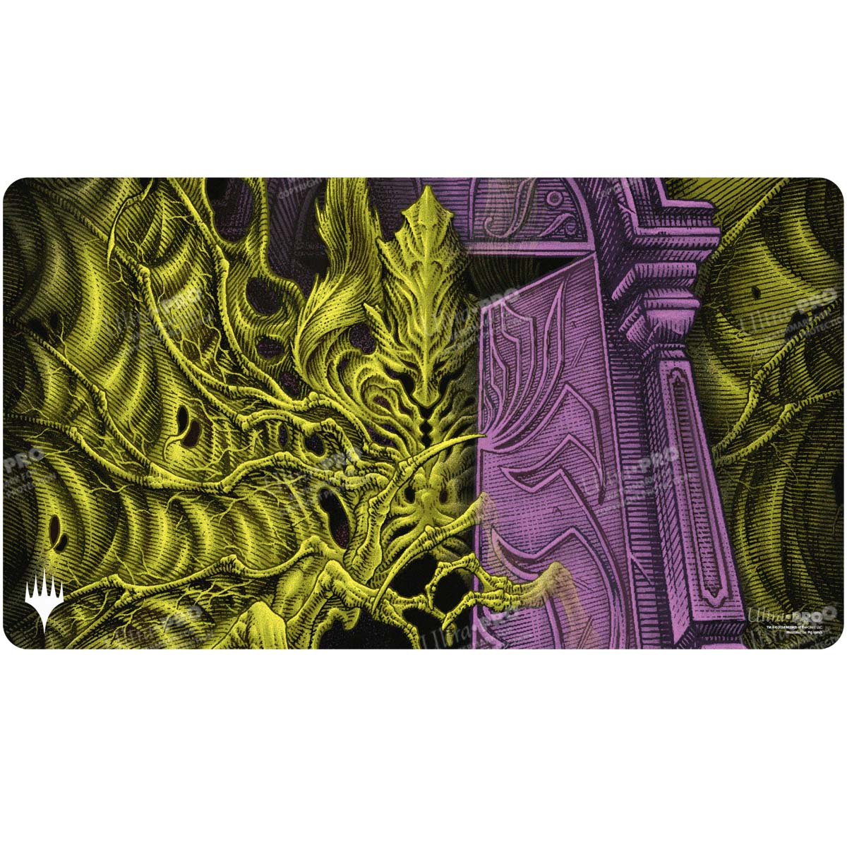 A yellow and purple illustrated Magic: The Gathering playmat featuring Valgavoth, Terror Eater. Brand: Ultra PRO, Item: Duskmourn Valgavoth, Terror Eater (Double Exposure Alt) Standard Gaming Playmat