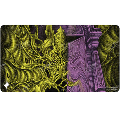 A yellow and purple illustrated Magic: The Gathering playmat featuring Valgavoth, Terror Eater. Brand: Ultra PRO, Item: Duskmourn Valgavoth, Terror Eater (Double Exposure Alt) Standard Gaming Playmat