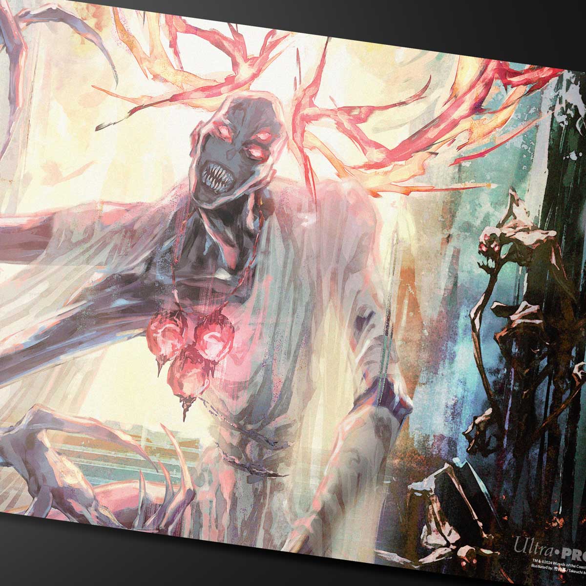 A watercolor-style gaming playmat featuring the Duskmourn Overlord of the Mistmoors from Magic: The Gathering.