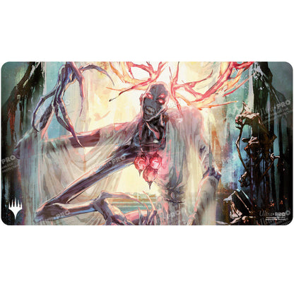 A creature with red eyes and antlers, draped in tattered white cloth, with glowing red orbs in its chest. The creature is a Duskmourn Overlord of the Mistmoors Standard Gaming Playmat for Magic: The Gathering by Ultra PRO.