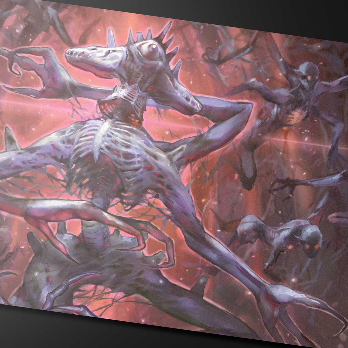 A dark, creature-filled gaming playmat featuring the Duskmourn Overlord of the Balemurk from Magic: The Gathering.