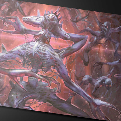 A dark, creature-filled gaming playmat featuring the Duskmourn Overlord of the Balemurk from Magic: The Gathering.