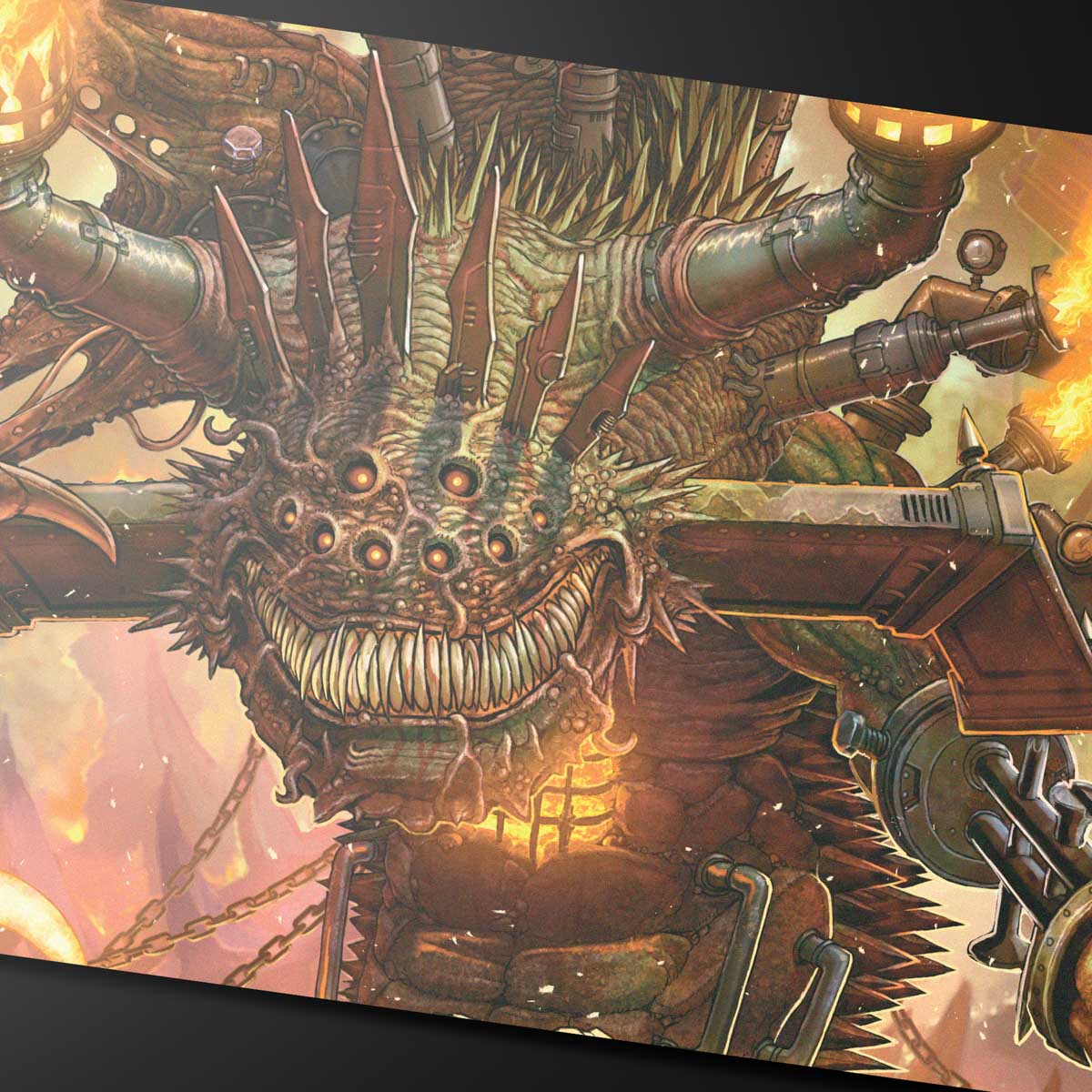 A detailed illustration of the Duskmourn Overlord of the Boilerbilges from Magic: The Gathering on a gaming playmat. Brand: Unknown, Item: Duskmourn Overlord of the Boilerbilges Standard Gaming Playmat for Magic: The Gathering.