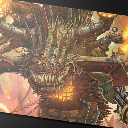 A detailed illustration of the Duskmourn Overlord of the Boilerbilges from Magic: The Gathering on a gaming playmat. Brand: Unknown, Item: Duskmourn Overlord of the Boilerbilges Standard Gaming Playmat for Magic: The Gathering.
