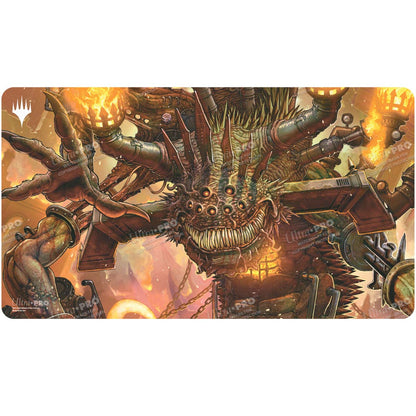 A detailed illustration of the Duskmourn Overlord of the Boilerbilges creature from Magic: The Gathering on a playmat. Brand: Ultra PRO, Item: Duskmourn Overlord of the Boilerbilges Standard Gaming Playmat.