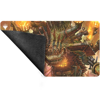 A gaming playmat featuring the Duskmourn Overlord of the Boilerbilges artwork from Magic: The Gathering.