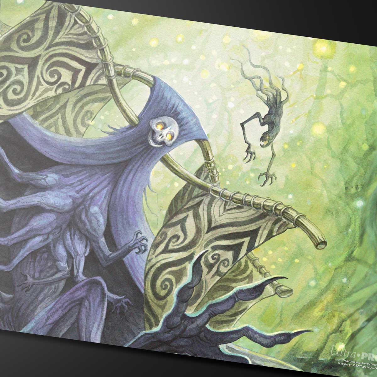 A purple and green Duskmourn Overlord of the Hauntwoods Standard Gaming Playmat for Magic: The Gathering. Brand: Ultra-Pro, Item: Duskmourn Overlord of the Hauntwoods Playmat.