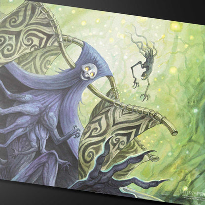 A purple and green Duskmourn Overlord of the Hauntwoods Standard Gaming Playmat for Magic: The Gathering. Brand: Ultra-Pro, Item: Duskmourn Overlord of the Hauntwoods Playmat.