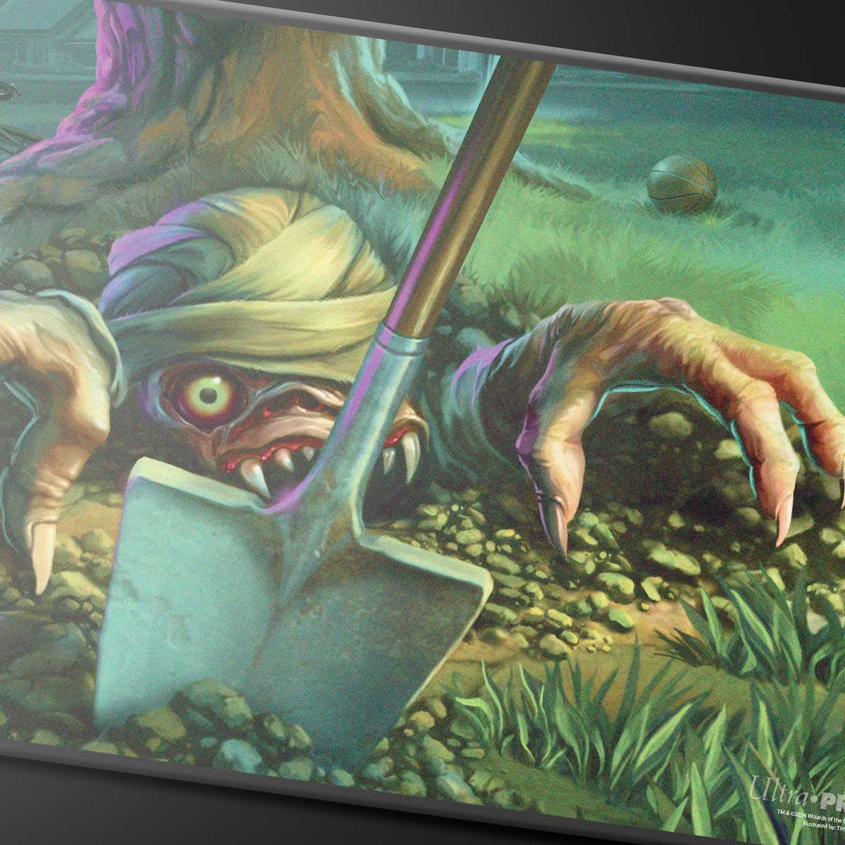 A black stitched gaming playmat featuring a mummy rising from the ground with a shovel, for Magic: The Gathering. Brand: Ultra PRO, Item: Duskmourn Exhume Black Stitched Standard Gaming Playmat.