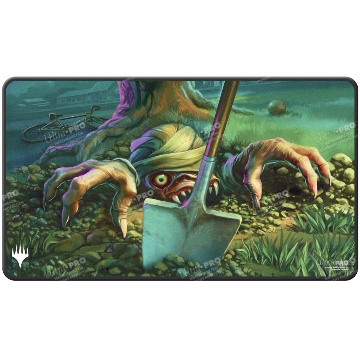 A Black Stitched Standard Gaming Playmat featuring the Duskmourn Exhume art for Magic: The Gathering. Brand: Ultra PRO, Item: Duskmourn Exhume Black Stitched Standard Gaming Playmat for Magic: The Gathering.