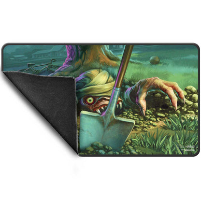 A colorful gaming playmat featuring a mummy emerging from the ground with a shovel, with a bicycle and house in the background. Brand: Ultra PRO, Item: Duskmourn Exhume Black Stitched Standard Gaming Playmat for Magic: The Gathering.
